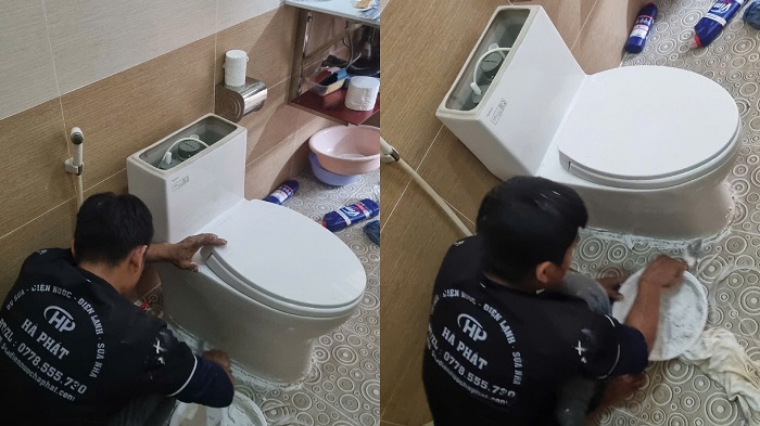 Kỹ thuật hà Phát kiểm tra và sửa lại ron chân bồn cầu rò rỉ nước liên tục Kỹ thuật hà Phát kiểm tra và sửa lại ron chân bồn cầu rò rỉ nước liên tục